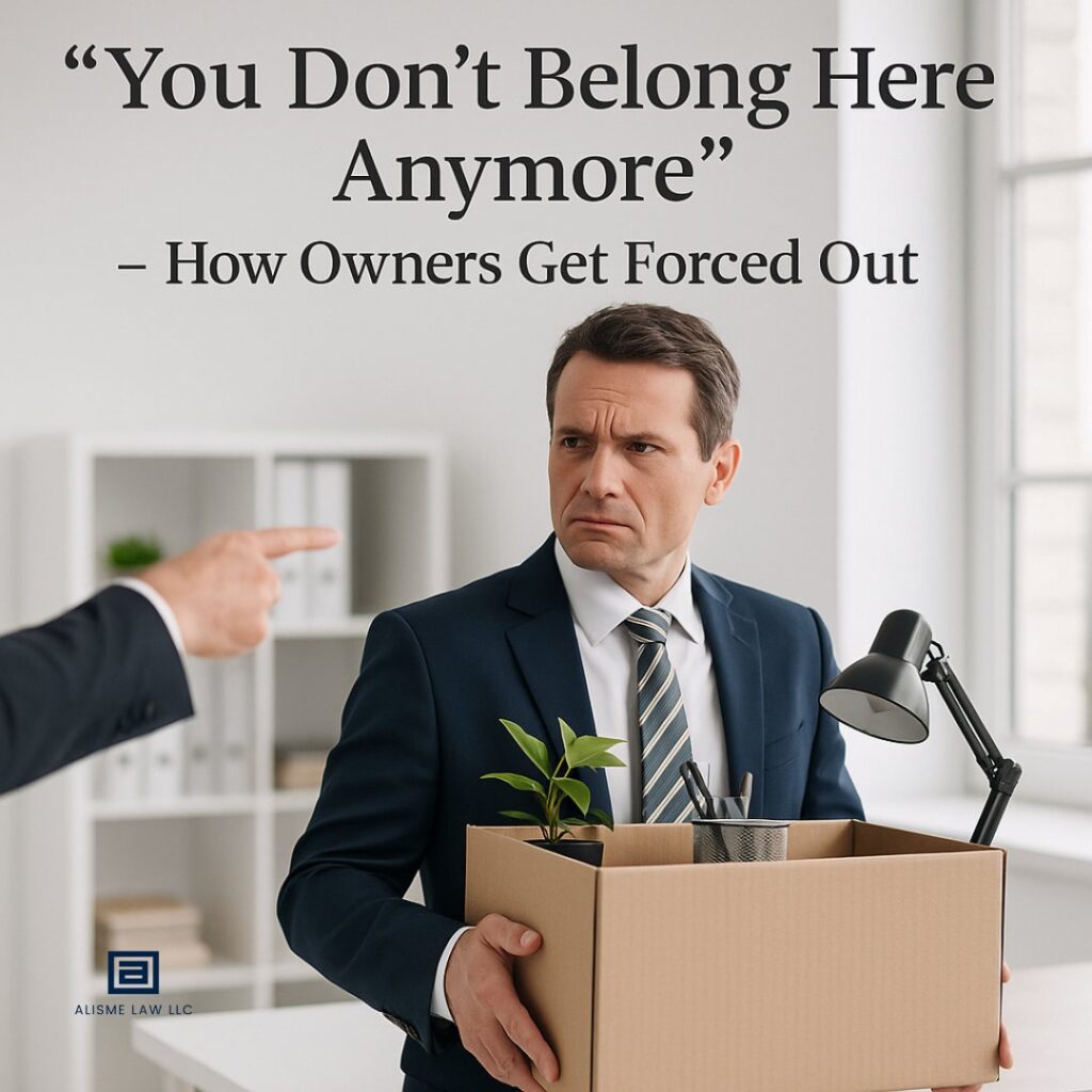 Image of a business owner carrying a box of belongings, alt: forced out of a business shareholder dispute