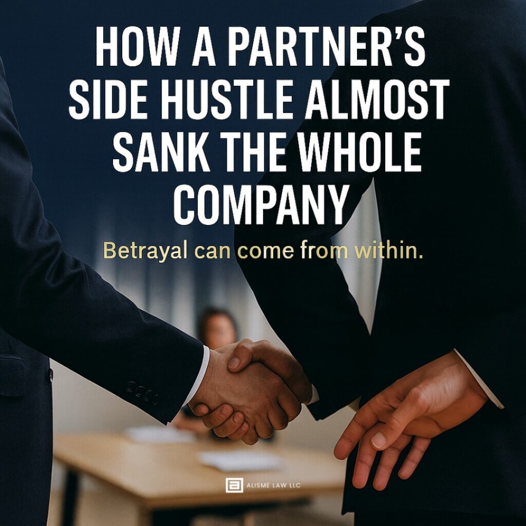 Two business partners sit at a table, shaking hands with tense expressions, symbolizing conflict over a side hustle and breach of fiduciary duty.