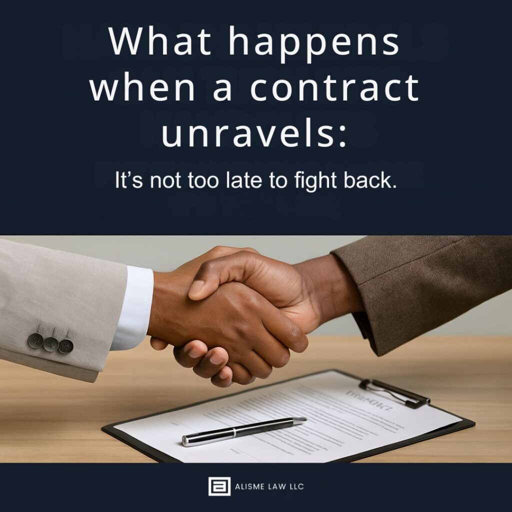 A dimly lit conference room with a torn contract glowing on the table, symbolizing broken promises and business disputes.