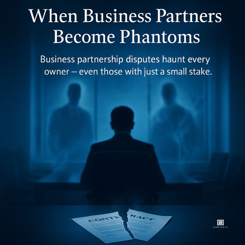 An eerie office with ghostly silhouettes of business partners and a torn contract on a conference table, symbolizing partnership disputes.