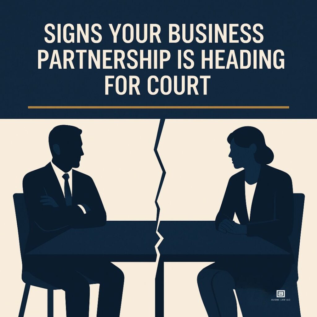 Two business partners sitting on opposite sides of a table, avoiding eye contact, symbolizing a partnership in conflict