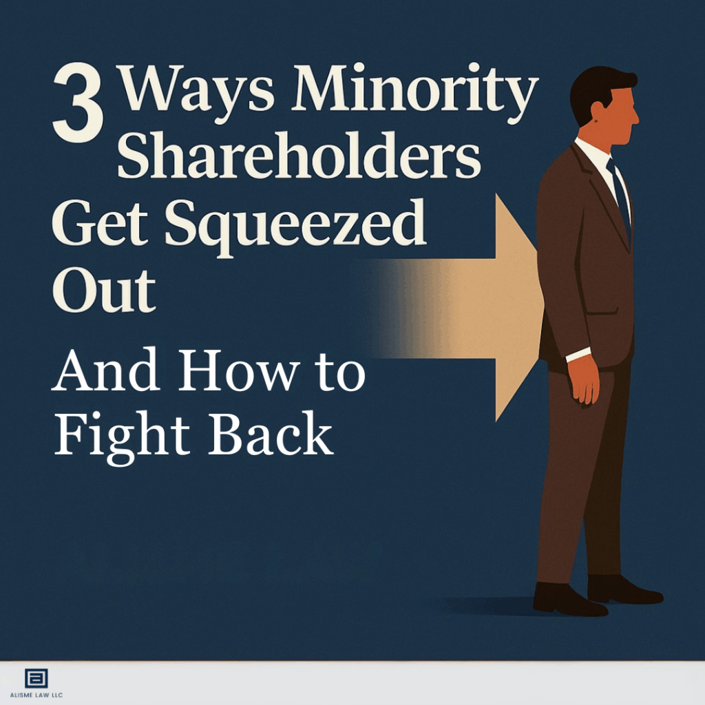 Business partners in a boardroom with one person pushed to the side, symbolizing minority shareholders being squeezed out.