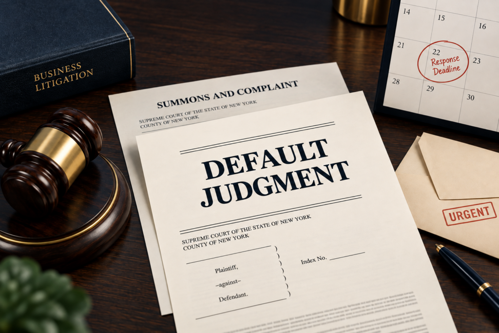 Default judgment and missed response deadline illustrating the consequences of a business ignoring a lawsuit.