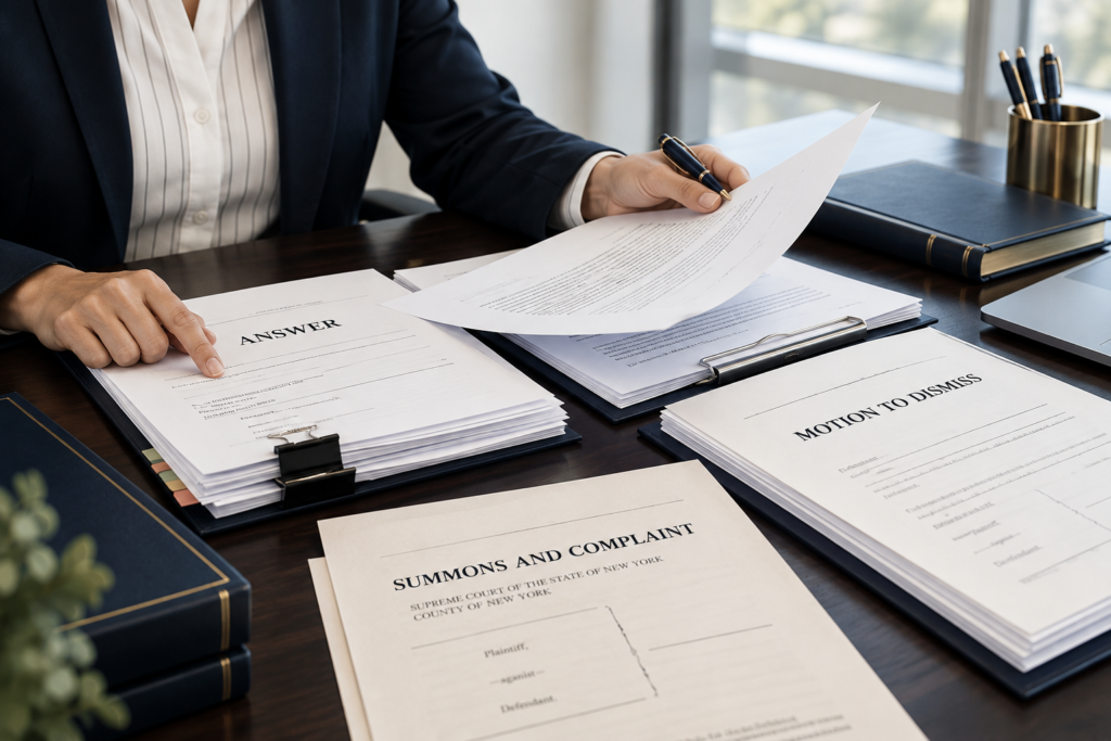 Business litigation attorney reviewing an answer, motion to dismiss, and summons and complaint to determine how to respond to a lawsuit.